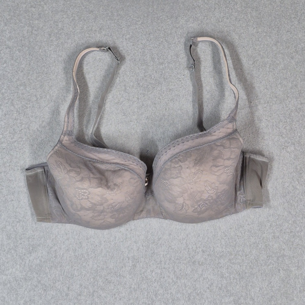 Cacique Women Bra 42D Gray Floral Modern Lace Covered T Shirt Underwired